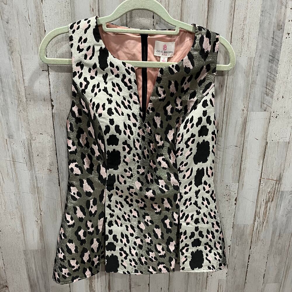 New! Julie Brown NYC Metallic Leopard Animal Print Pleated Peplum Top Womens 2